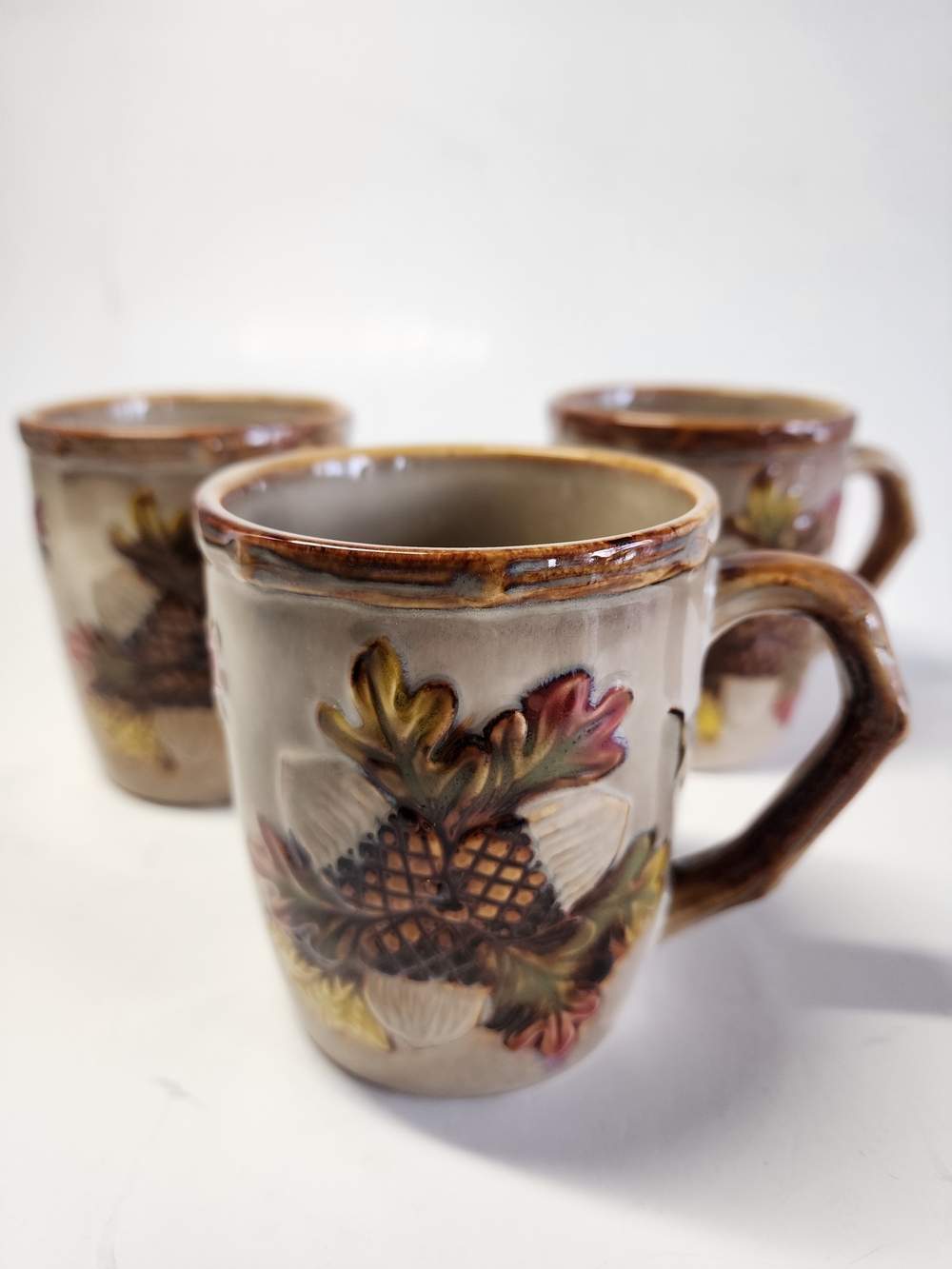 Hand-Painted Earthenware Mug with Autumn Acorn Relief - Set of 3
